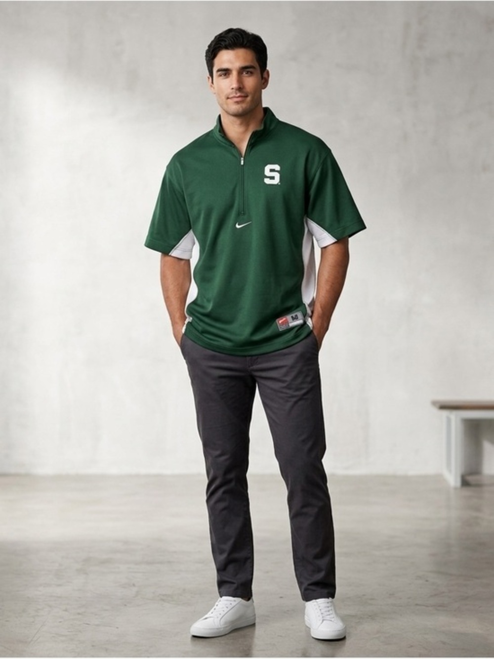 Vtg Nike Team Men’s Medium 1/4 Zip Short Sleeve Shirt Green White MSU State M 90